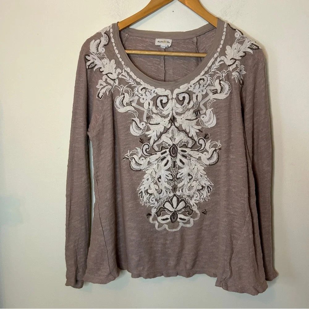 Meadow Rue Anthropologie Rococo Beaded Long Sleeve Top Blouse Size M